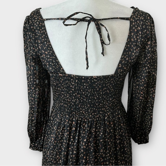 Japna Size Small Black Metallic Print Bohemian Peasant Tiered Midi Sheer Dress - Picture 9 of 11